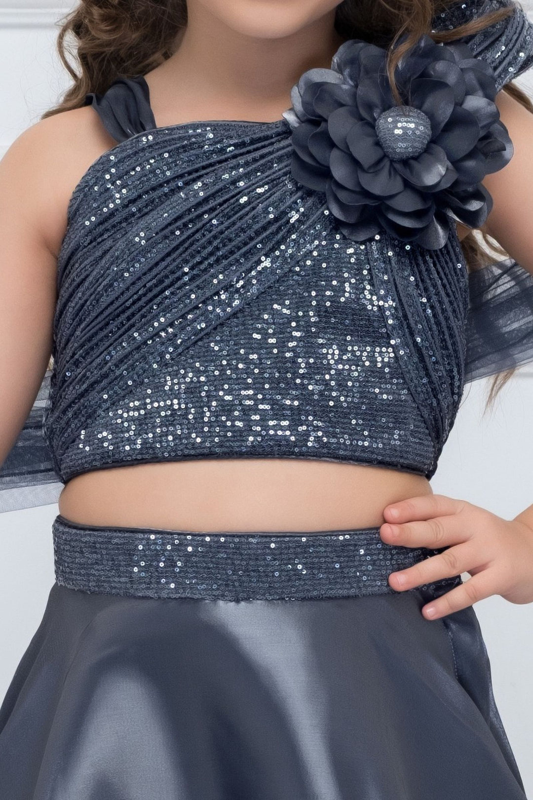Grey Sequins Top with Floral Shoulder Detail and Layered Lehenga for Girls