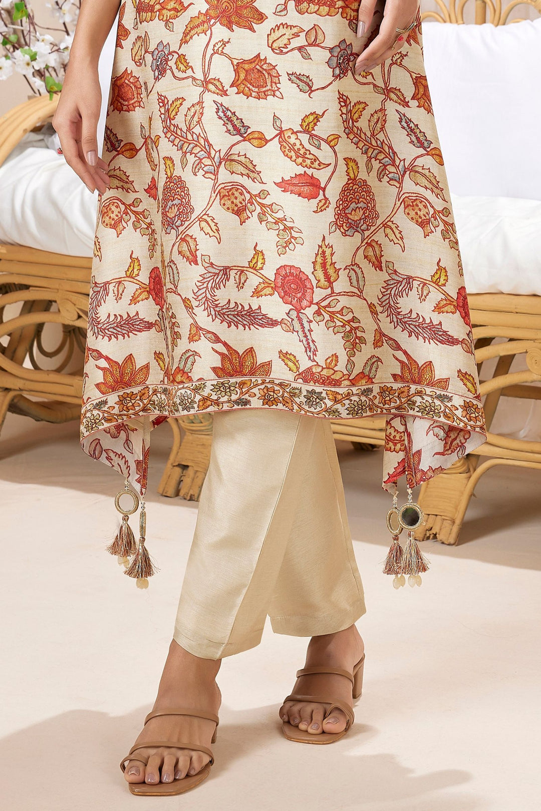Beige Mirror and Zari work with Floral Print A-line Cut Salwar Suit