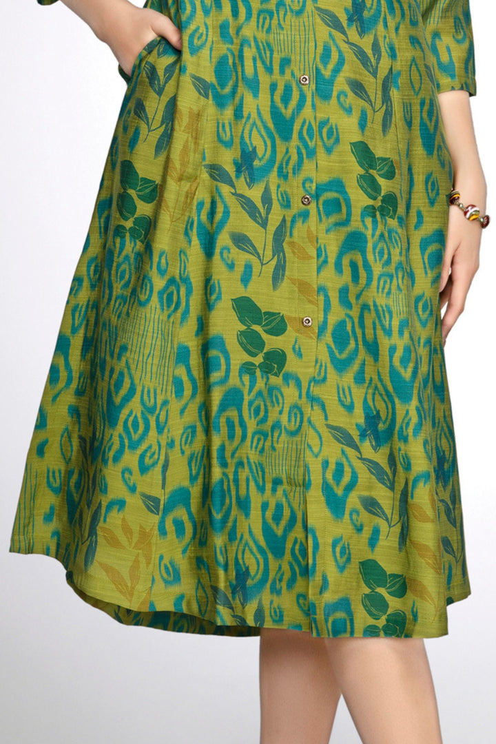 Mehendi Green Digital Print A-line Cut Calf Length Kurti