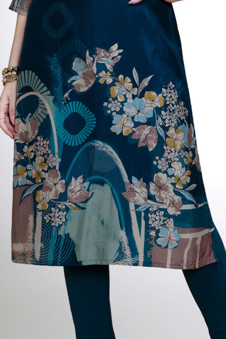 Peacock Blue Floral Print Calf Length Kurti