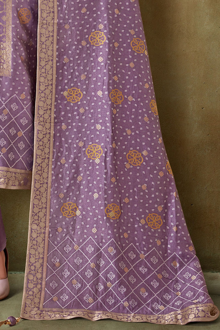 Lavender Banaras, Beads, Mirror and Sequins work Straight Cut Salwar Suit