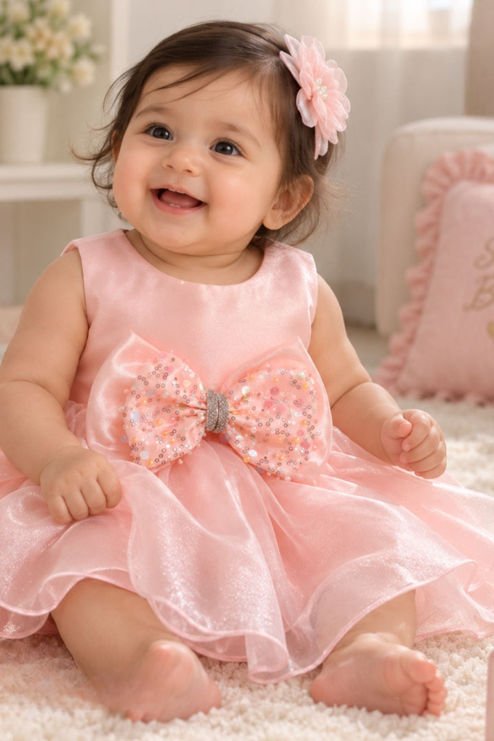 Peach Sequined Bow Partywear Short Frock for Girls