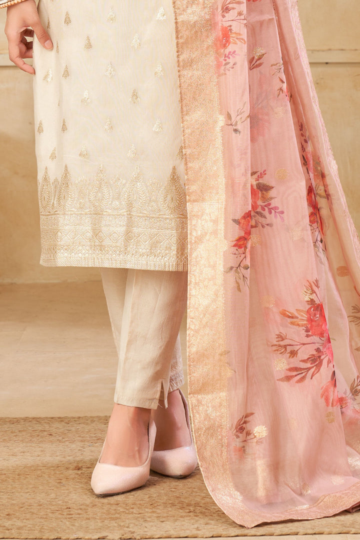 Cream Banaras, Multicolor Embroidery, Zari and Stone work Straight Cut Salwar Suit