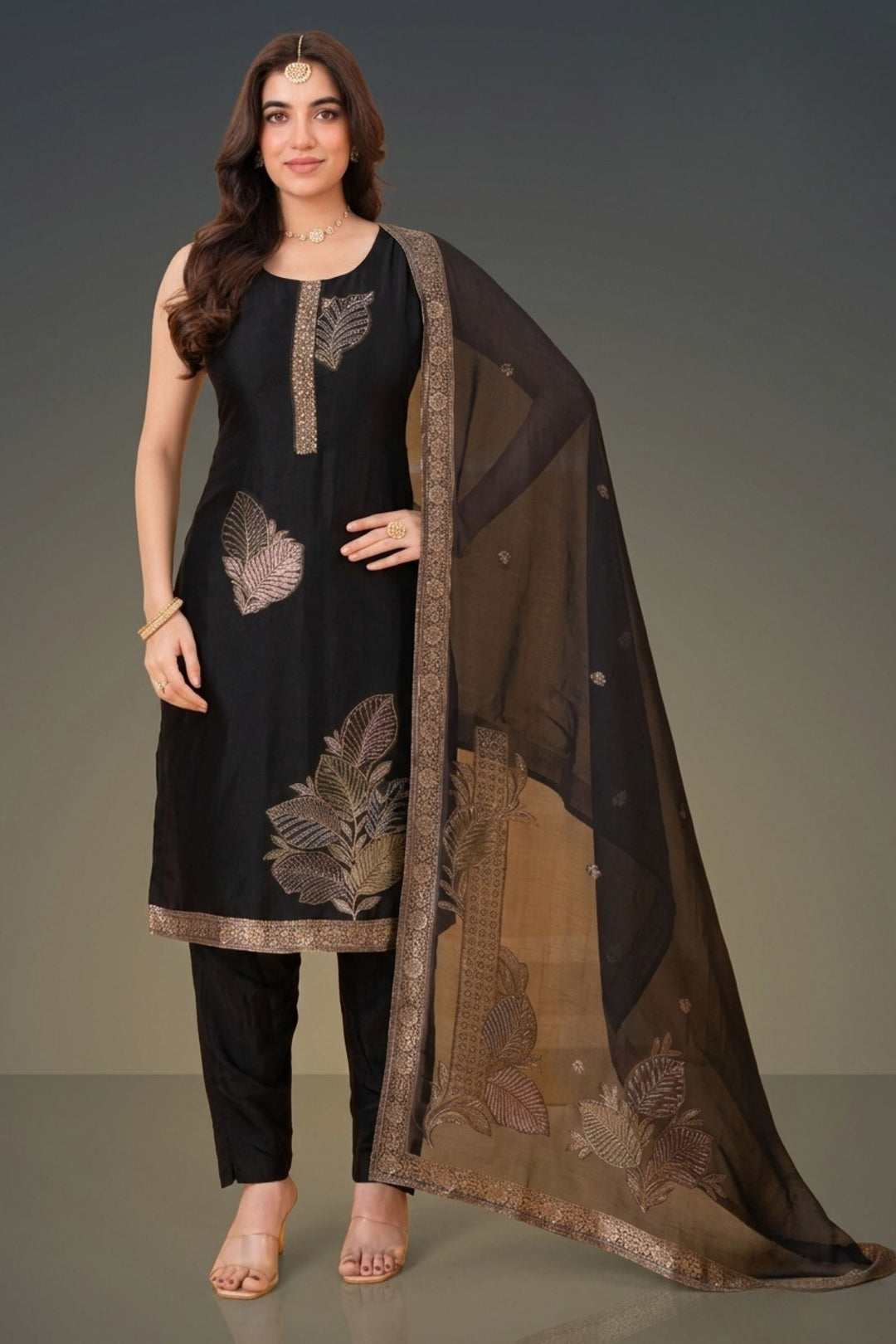 Black Beads, Stone, Banaras and Sequins work Straight Cut Salwar Suit