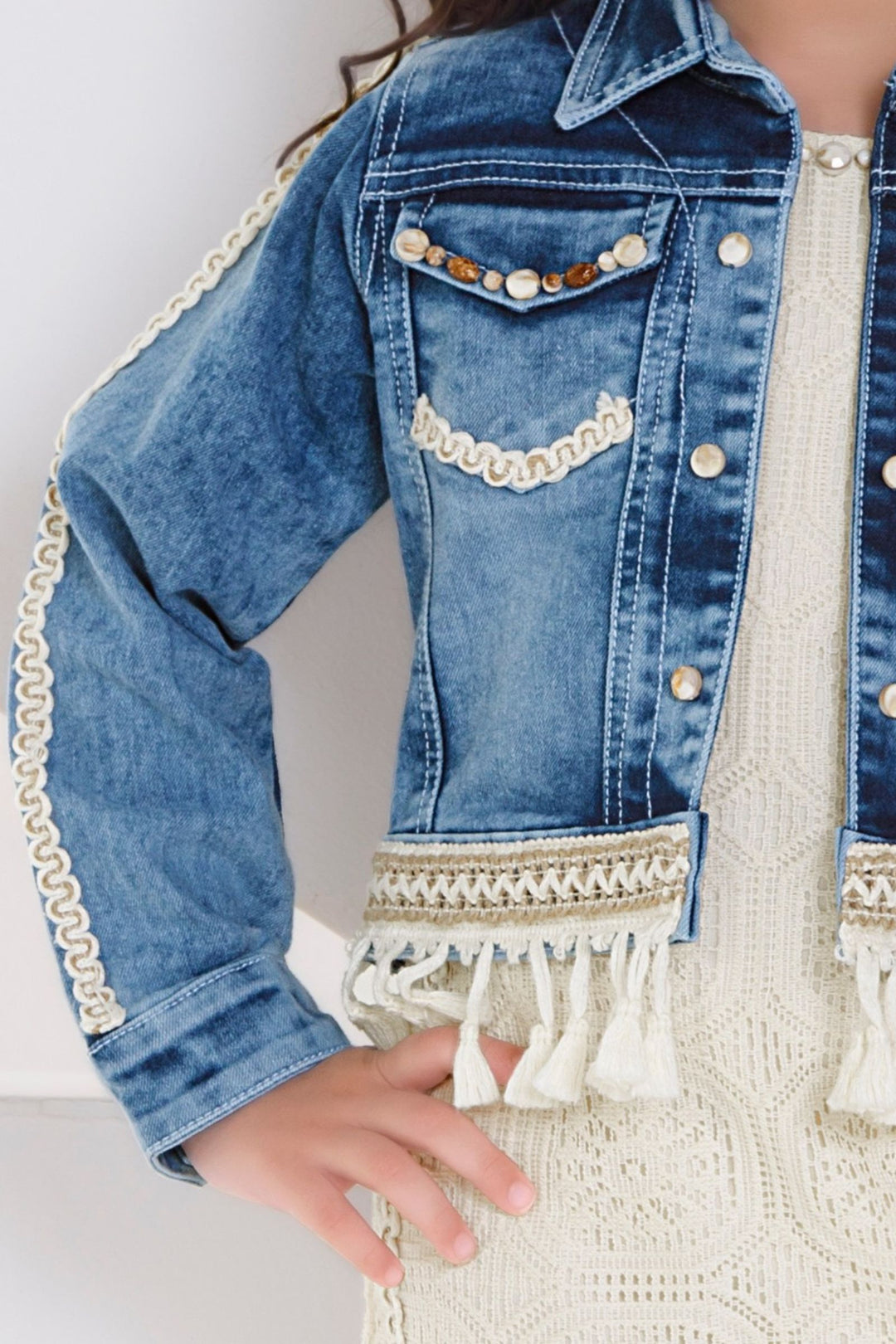 Cream with Blue Thread work Jacket Styled Short Frock For Girls