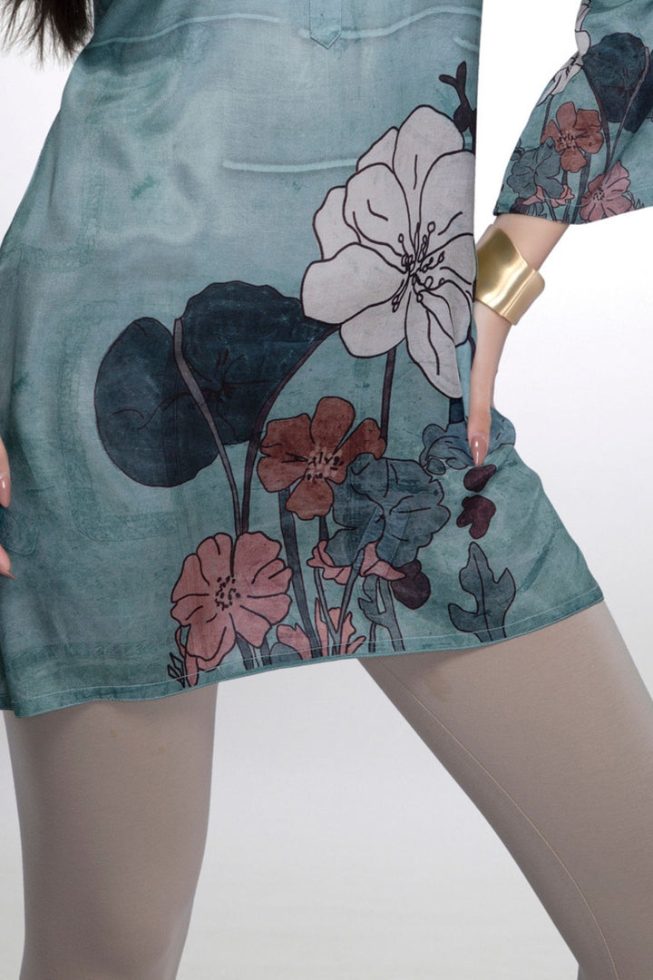 Greyish Blue Floral Print Short Kurti