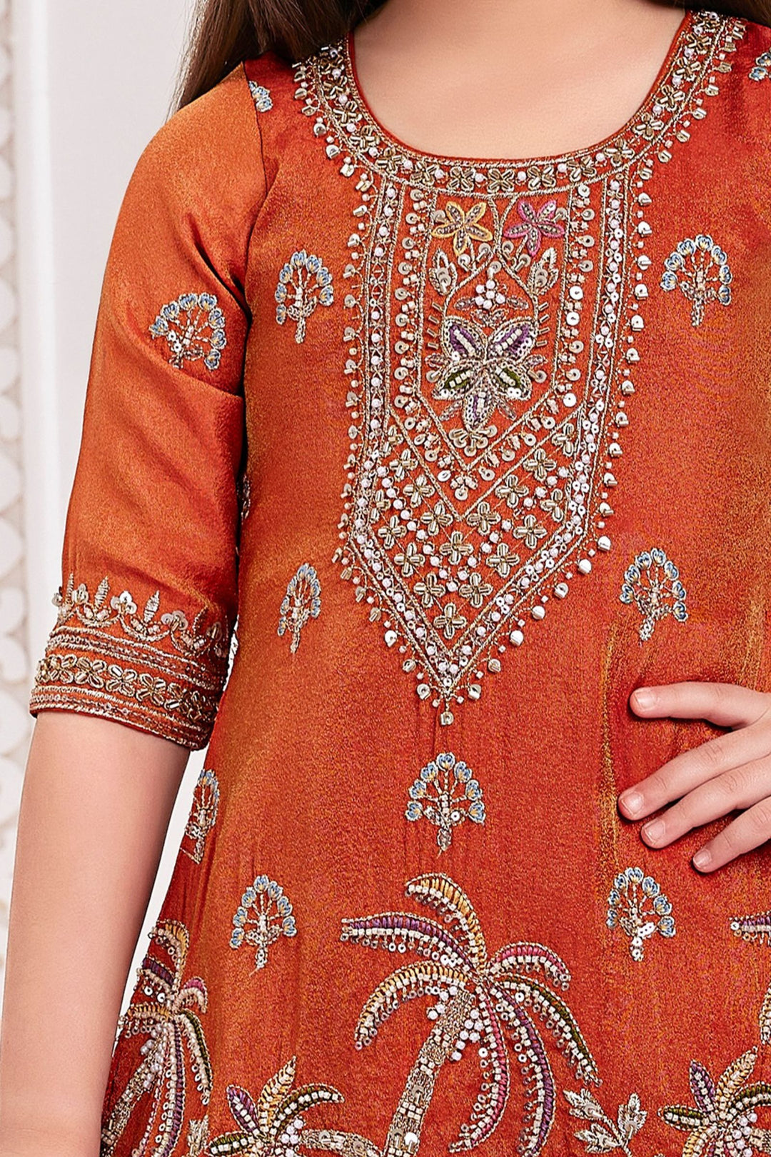 Orange Beads, Zari and Thread work Palazzo Suit Set for Girls