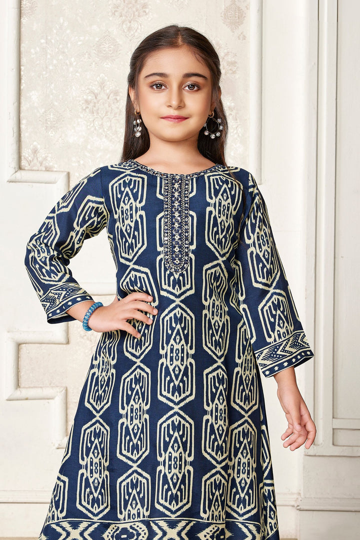 Navy Blue with Cream Digital Print, Mirror and Thread work Salwar Suit for Girls