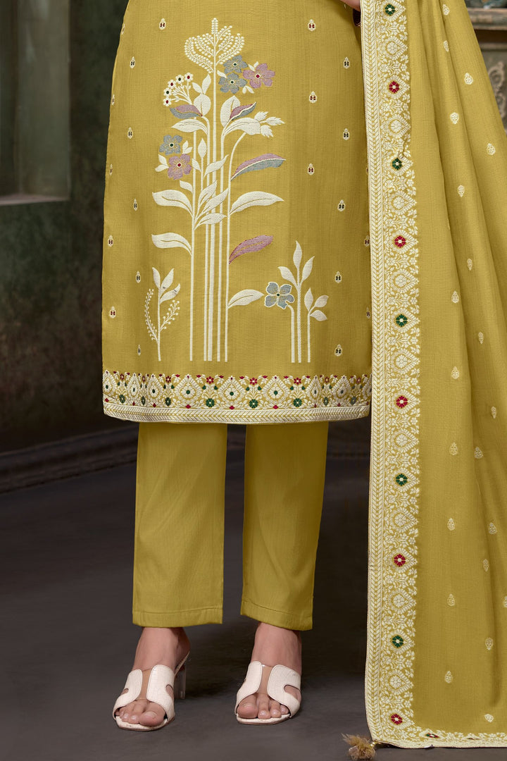 Olive Green Multicolor Embroidery, Zardozi and Stone work Straight Cut Salwar Suit