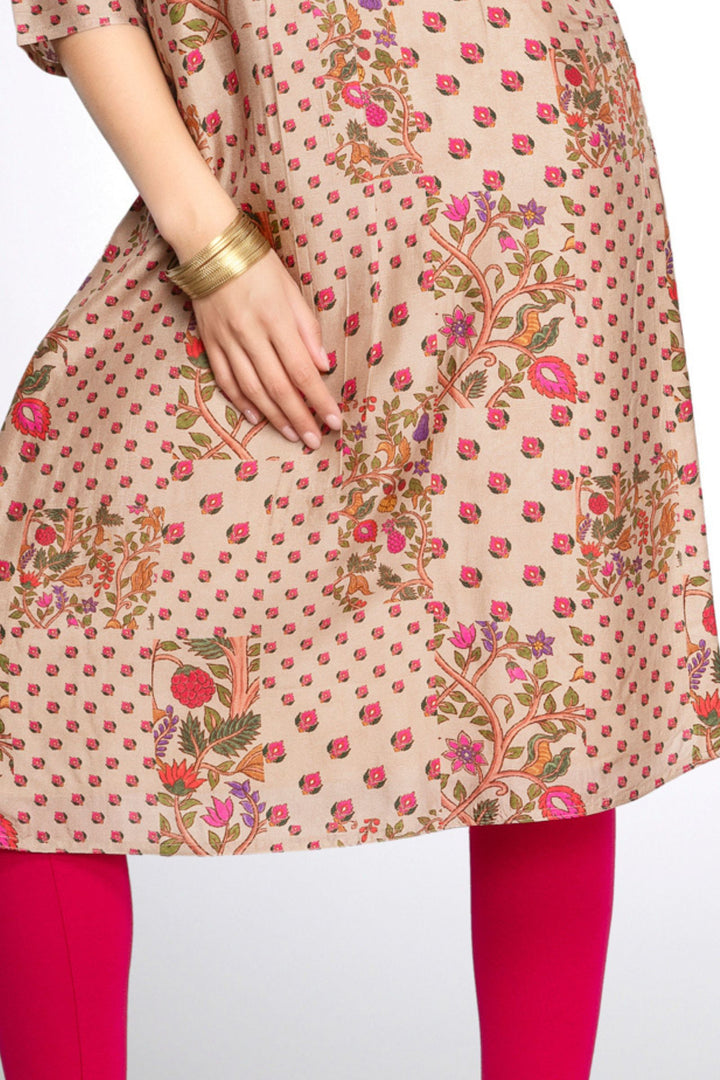 Fawn Beads work with Digital Print Calf Length Kurti