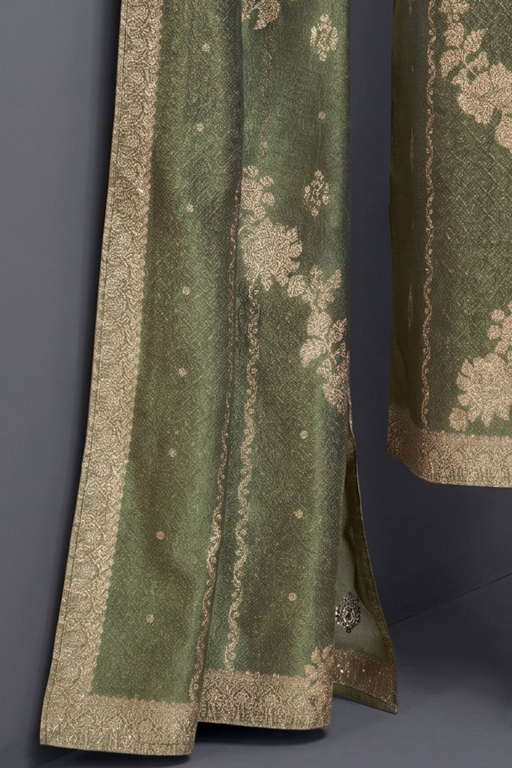 Leaf Green Banaras, Beads, Miror and Stone work Straight Cut Salwar Suit