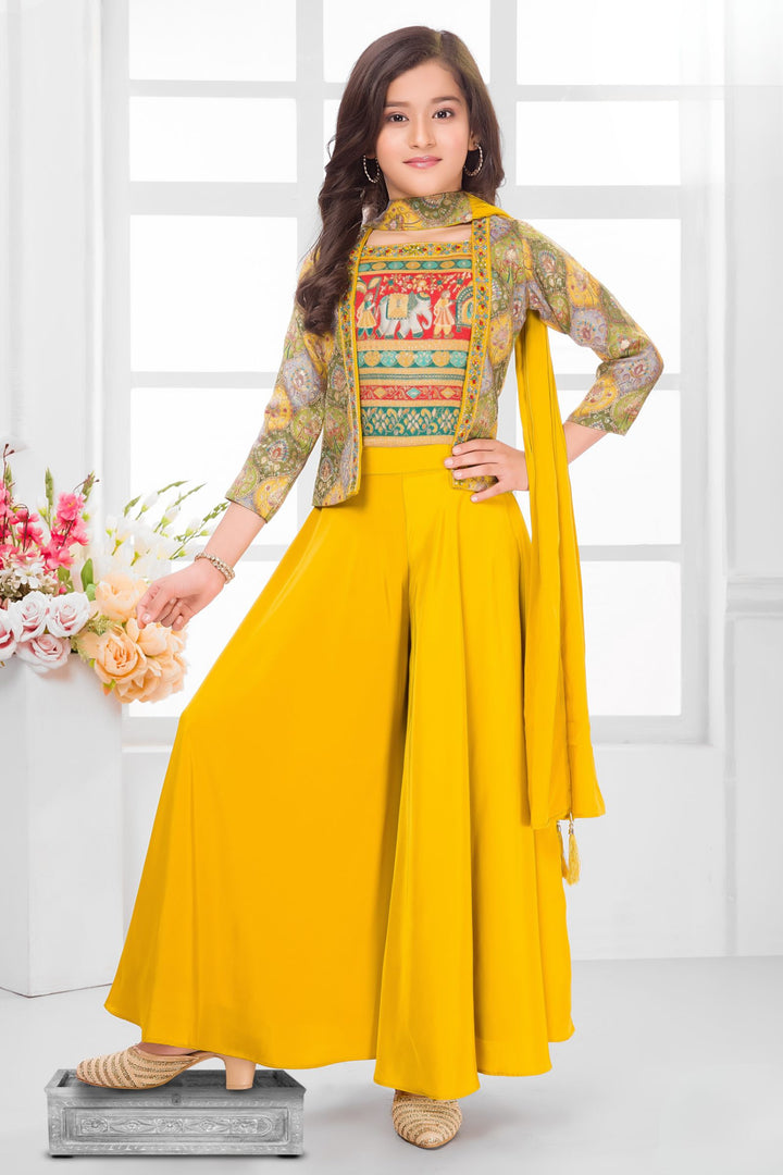 Yellow Zari and Beads work with Digital Print Jacket Styled Palazzo Set for Girls