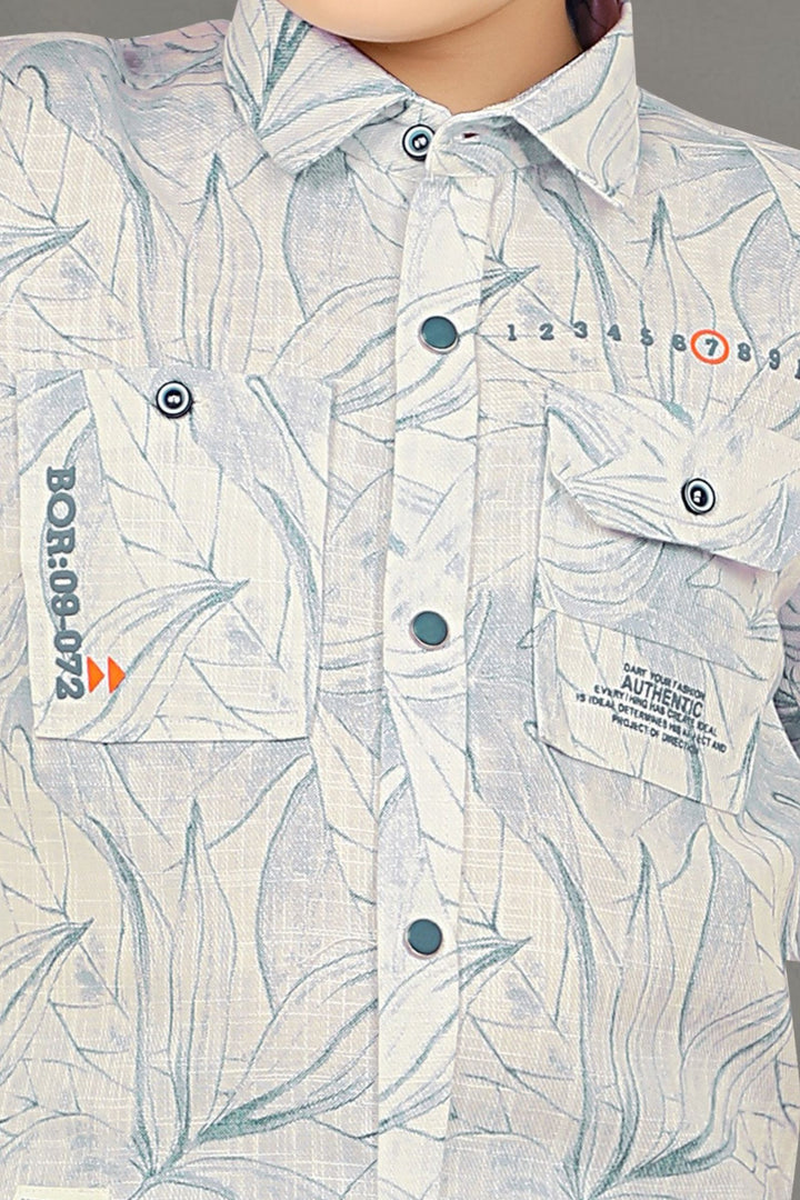 White with Grey Printed Shirt and Pant Set for Boys