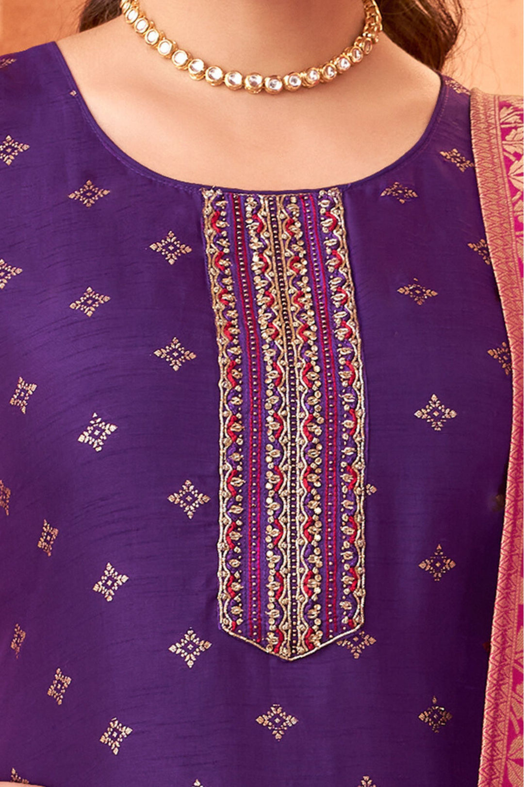 Violet Zari, Banaras, Sequins, Stone and Thread work Straight Cut Salwar Suit