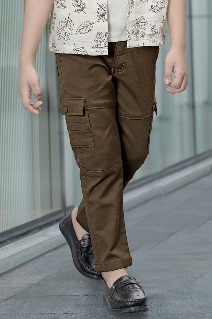 Cream Digital Print Blazer, Printed T-Shirt and Brown Pant Set for Boys