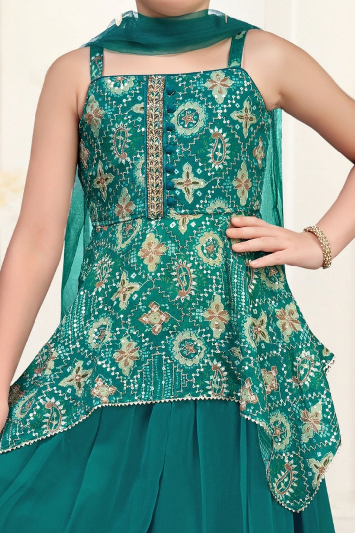 Rama Green Zari, Sequins and Stone work with Digital Print Palazzo Set For Girls
