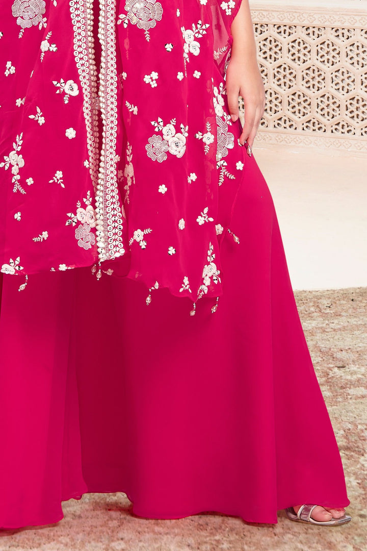 Rani Pink Embroidery and Sequins work Shrug with Palazzo Set for Girls