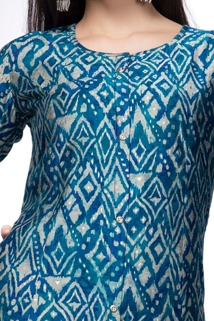 Peacock Blue with Sandal Digital Print Calf Length Kurti