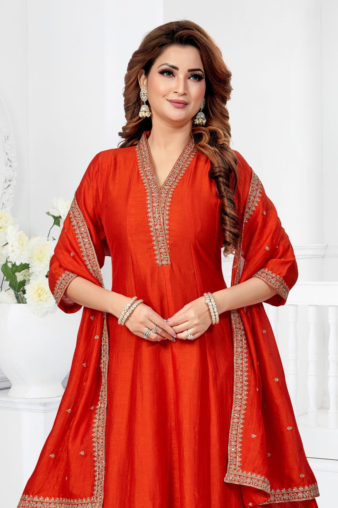 Orange Beads and Zari work Anarkali Style Salwar