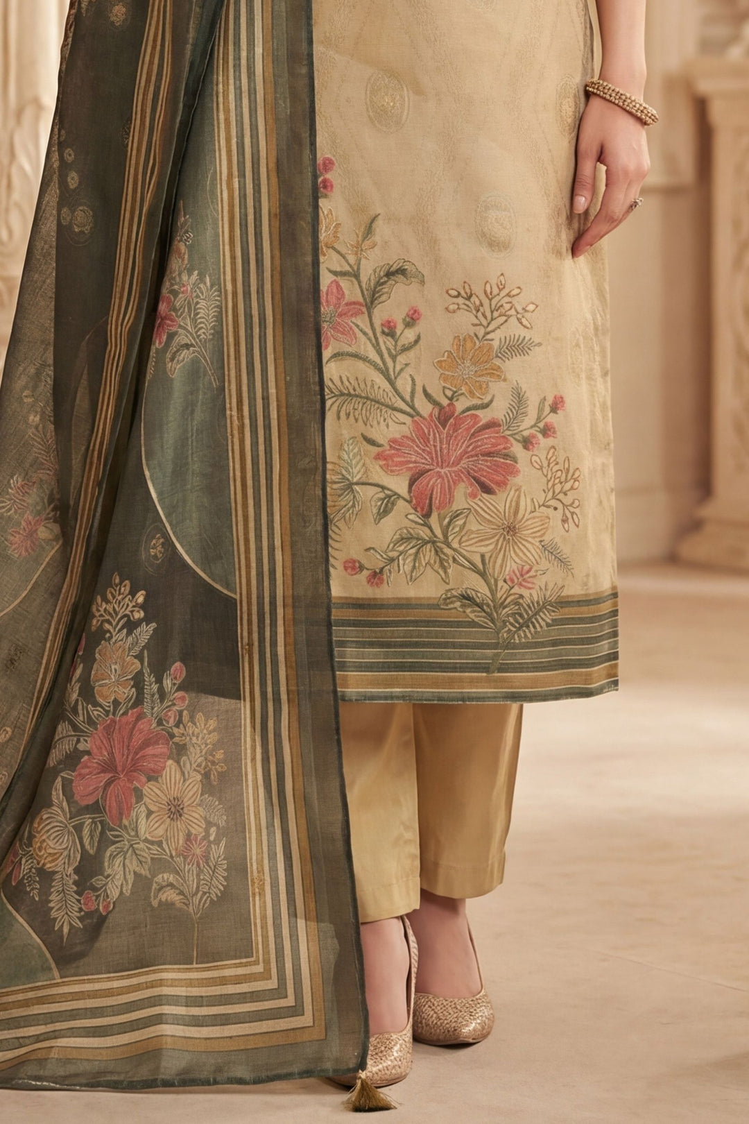 Beige Beads, Zardozi, Zari and Sequins work with Digital Print Straight Cut Salwar Suit