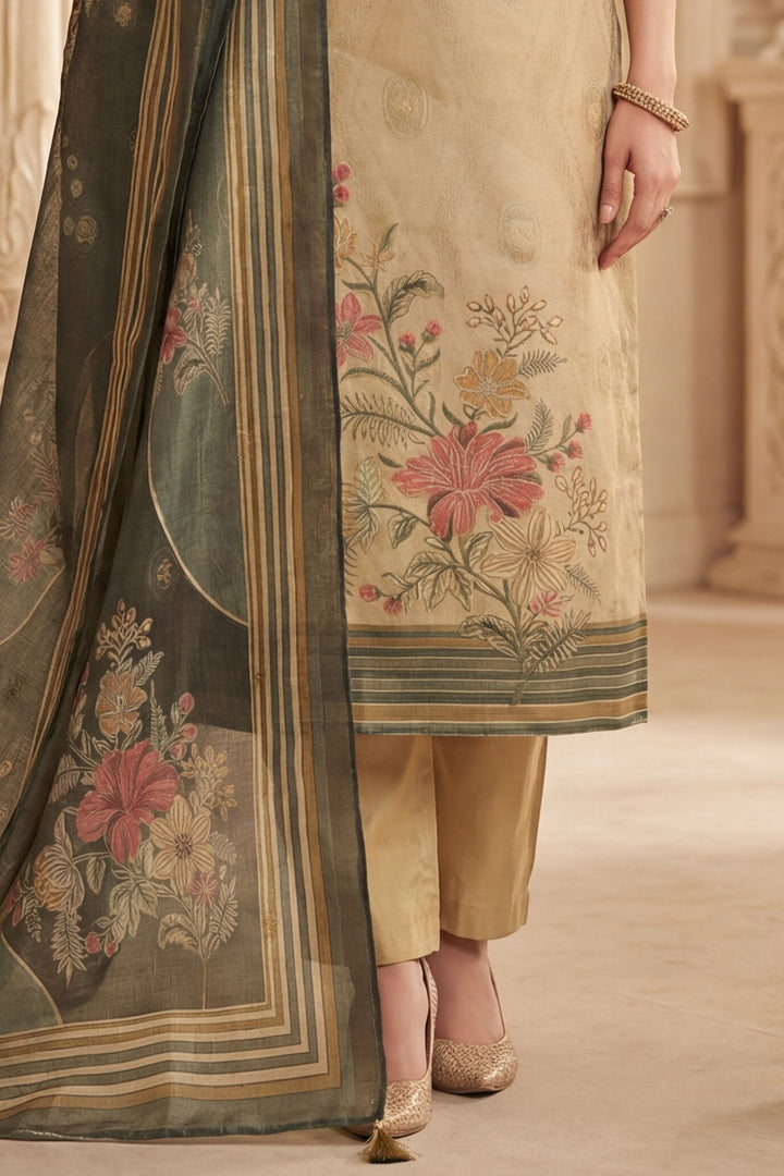 Beige Beads, Zardozi, Zari and Sequins work with Digital Print Straight Cut Salwar Suit