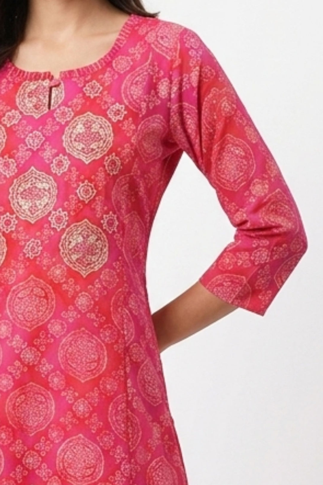 Pinkish Red Embroidery, Mirror and Zari work with Digital Print A-Line Cut Calf Length Kurti