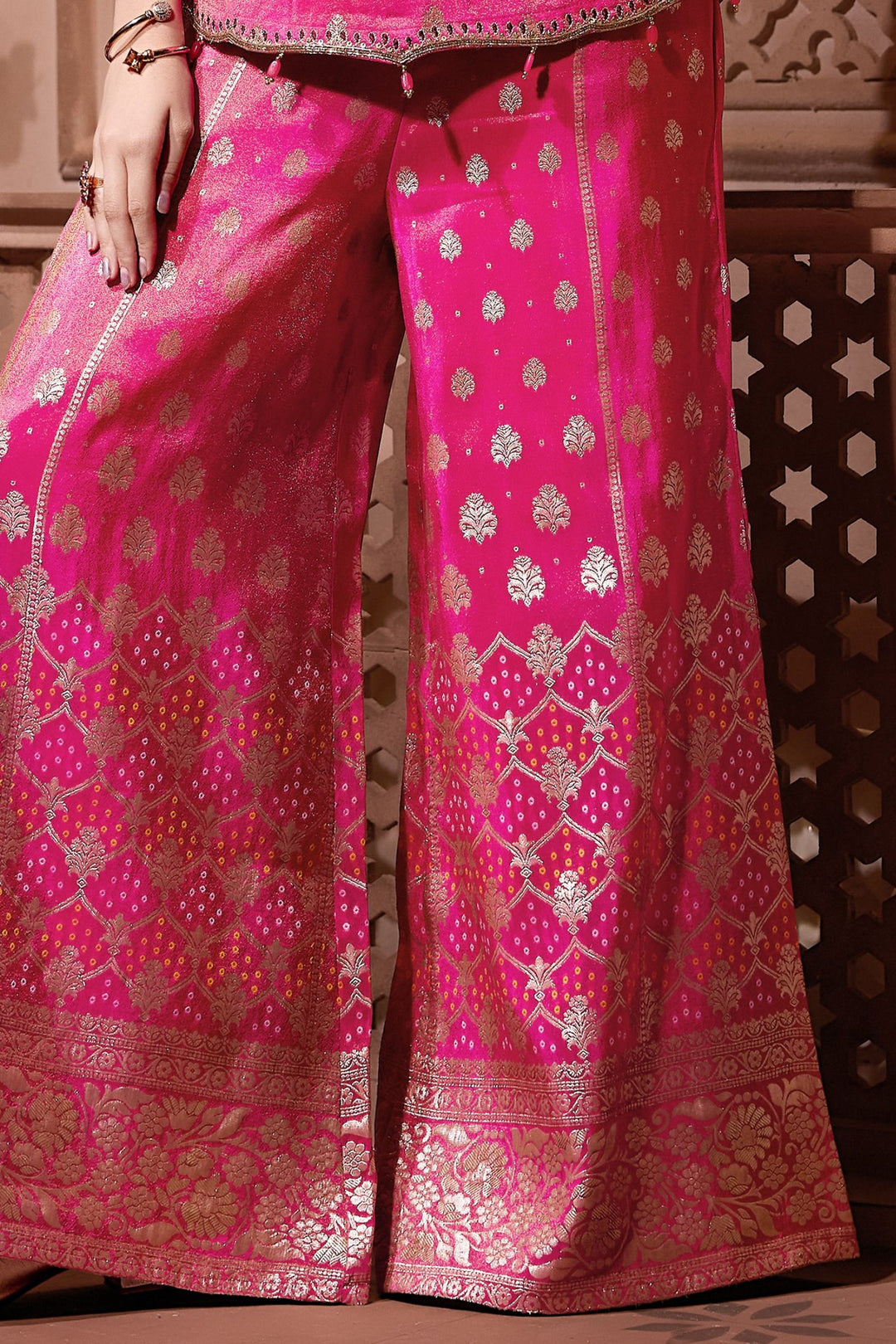 Rani Pink Beads, Mirror, Sequins, Banaras Zari and Thread work Palazzo Suit Set for Girls