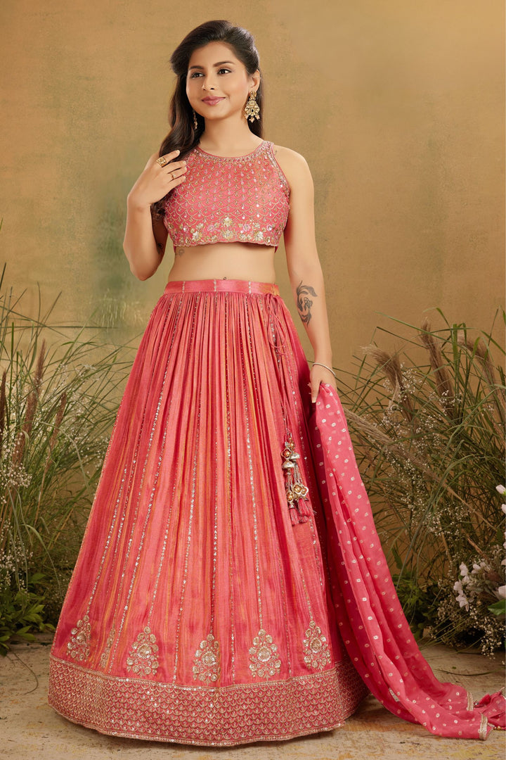 Peach Sequins, Thread, Zari, Beads and Stone work Lehenga Choli for Girls