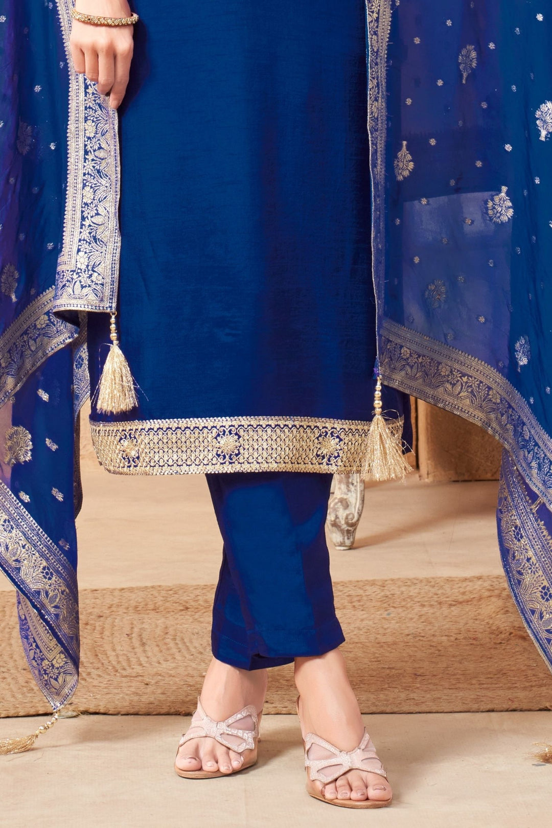 Royal Blue Sequins, Zari, Beads and Zardozi work Straight Cut Salwar Suit
