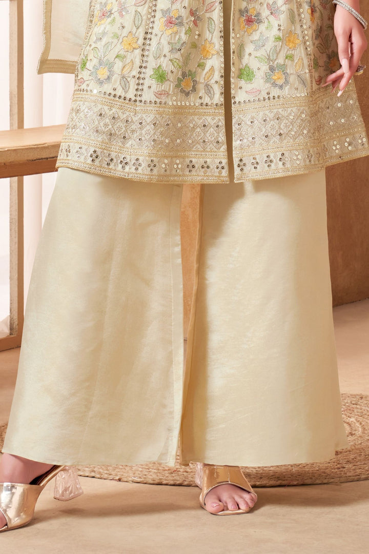 Cream Sequins, Zari and Multicolor Thread work Palazzo Salwar Suit
