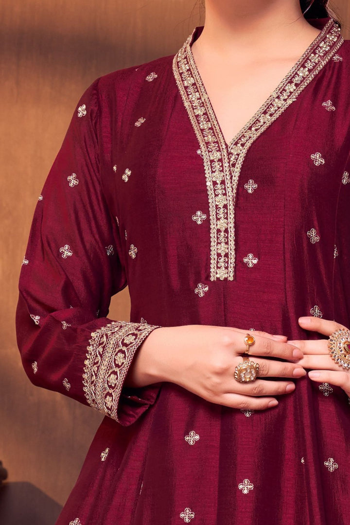 Wine Sequins, Zari and Stone work Anarkali Style Salwar