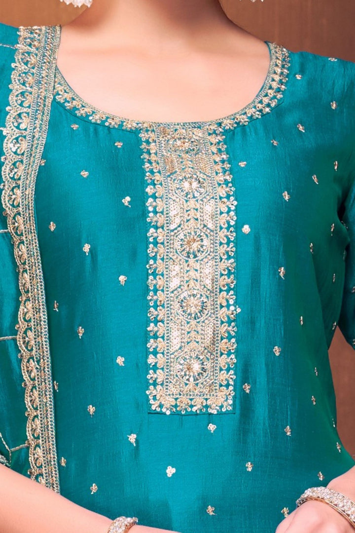 Rama Blue Sequins, Zari and Beads work Straight Cut Salwar Suit