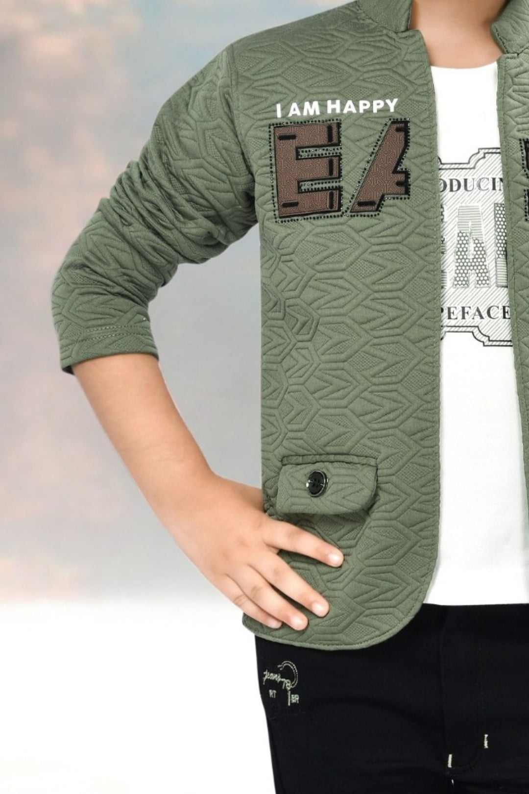 Green with White Printed Blazer, T-Shirt and Black Pant Set for Boys with Belt