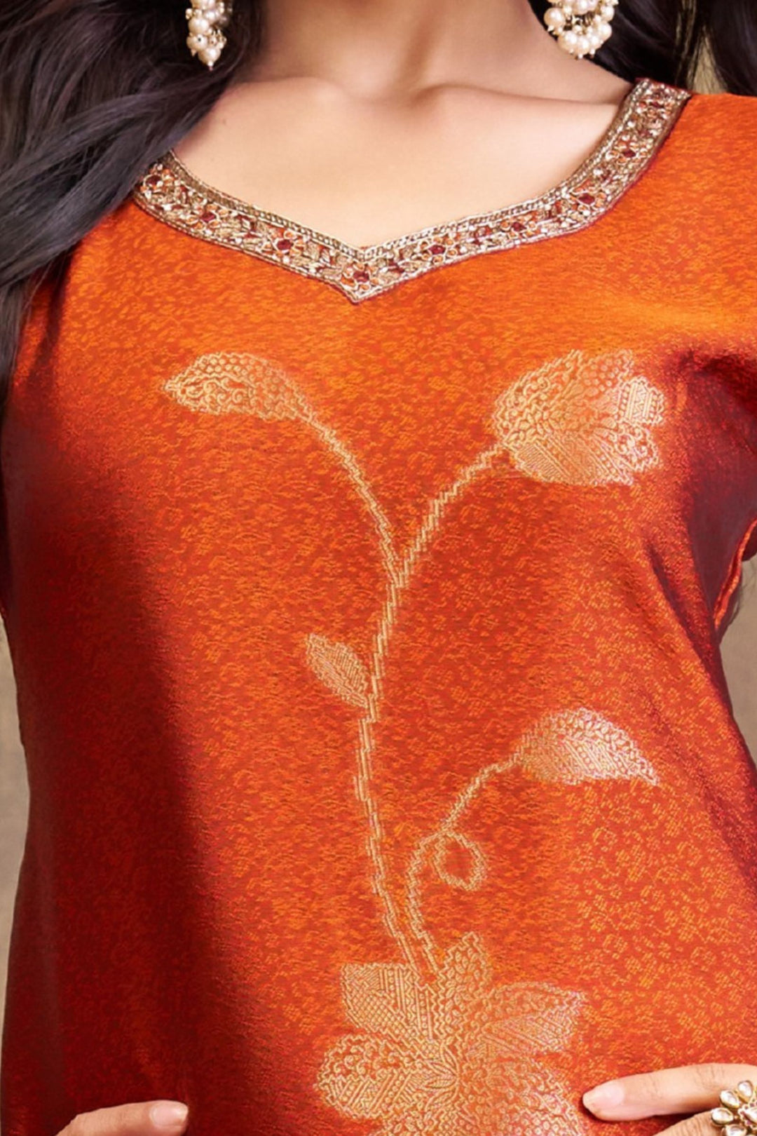 Orange Straight Cut Salwar Suit with Banaras, Stone, Zardozi and Beads work