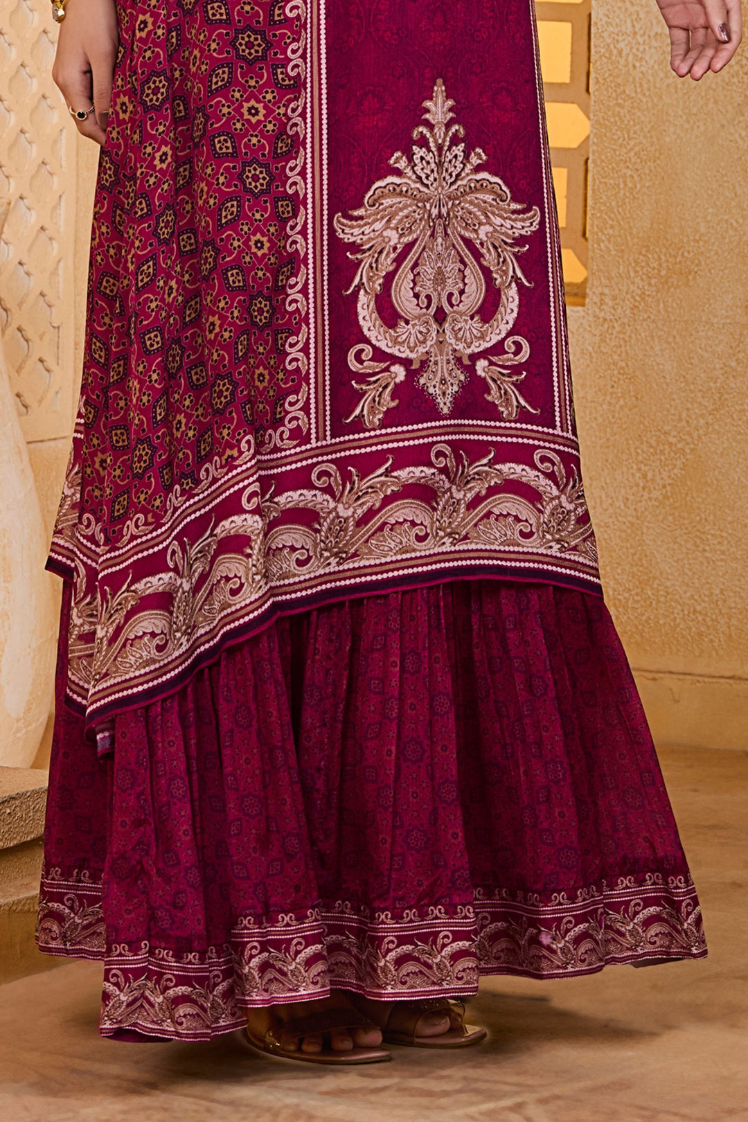 Magenta Beads and Pearl work with Digital Print Floor Length Anarkali Suit