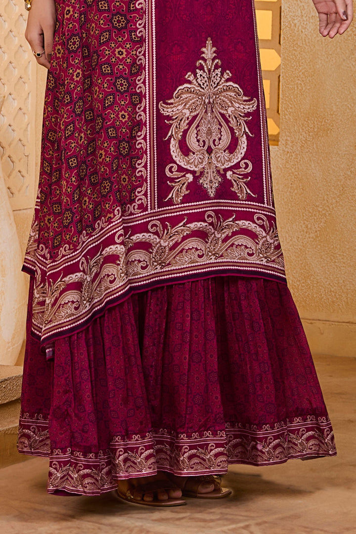 Magenta Beads and Pearl work with Digital Print Floor Length Anarkali Suit