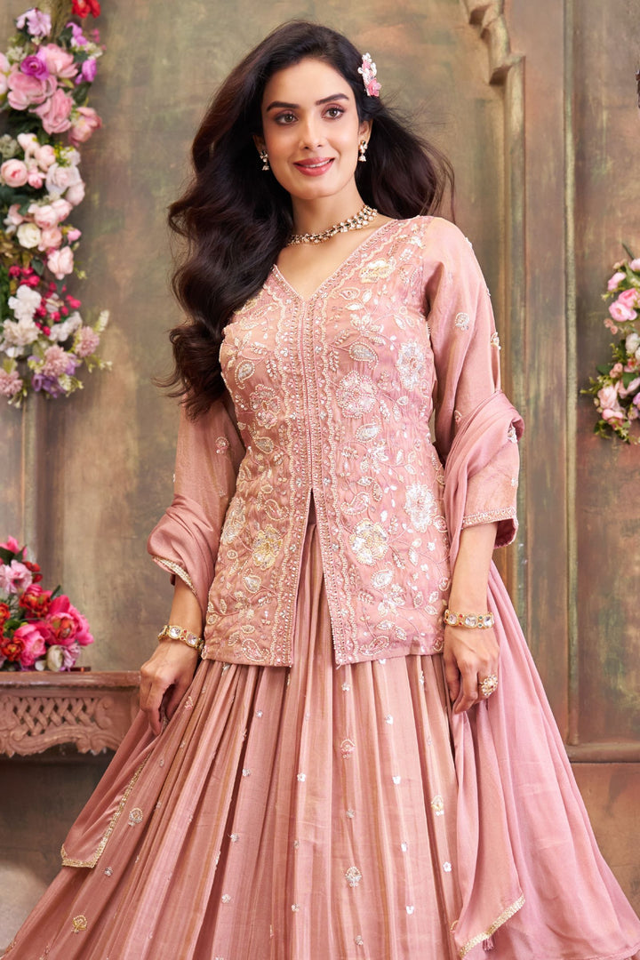 Peach Beads, Pearl, Multicolor Thread and Sequins work Peplum Style Lehenga