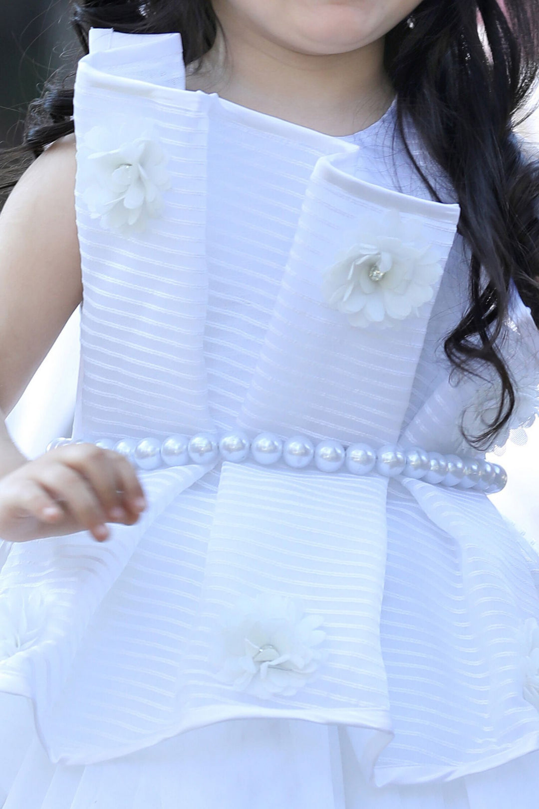 White Short Frock for Girls with Pearl Belt