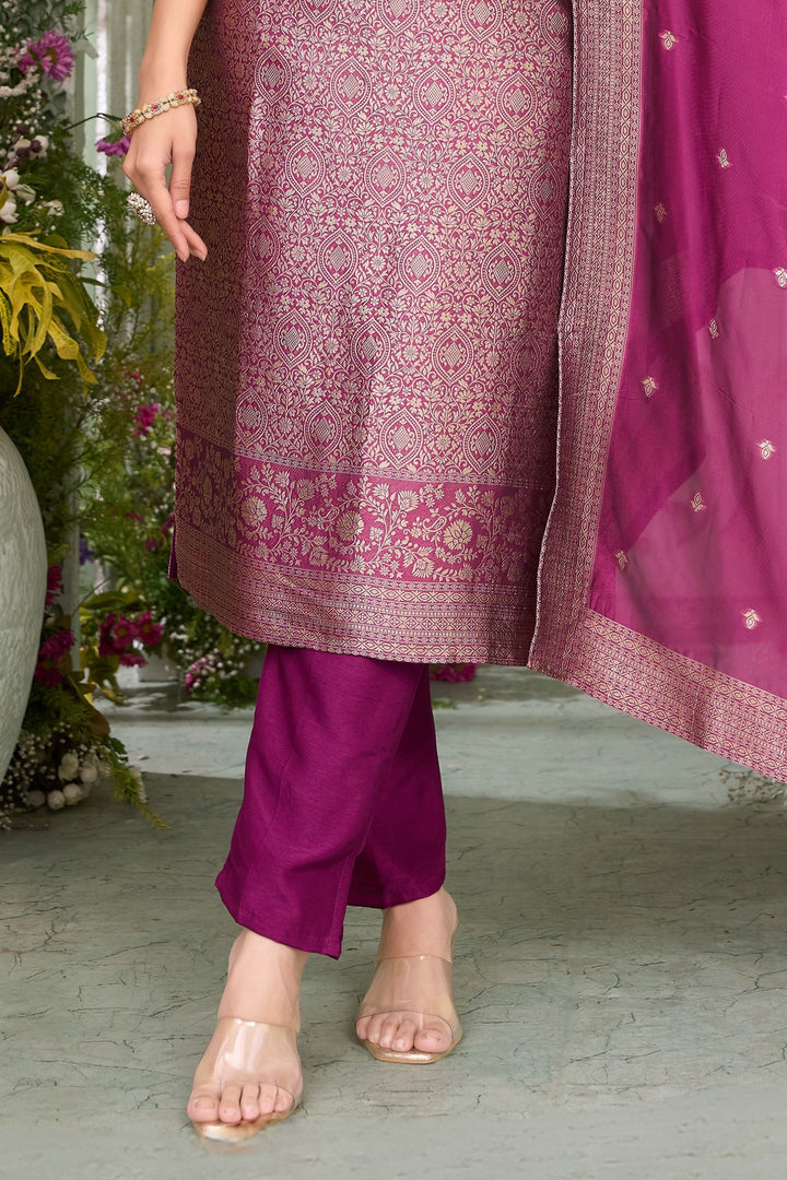 Wine Mirror, Zari, Beads, Zardozi, Stone and Brocade work Straight Cut Salwar Suit