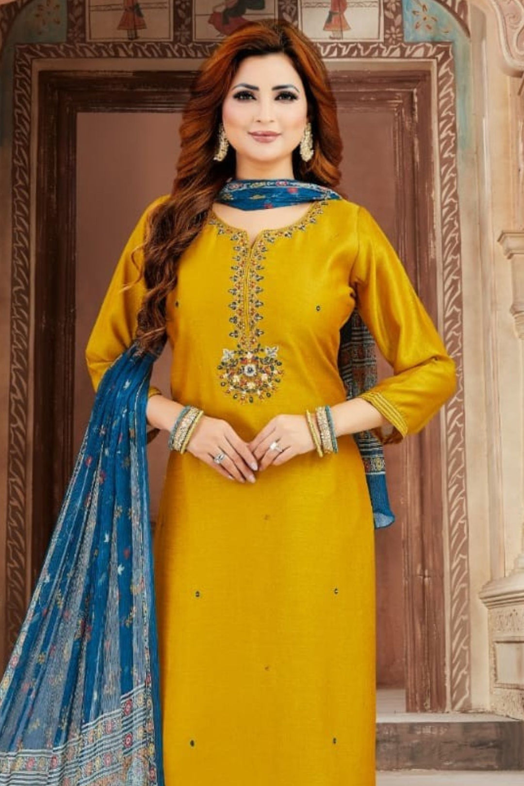 Olive Green Mirror, Zari and Thread work Straight Cut Salwar Suit