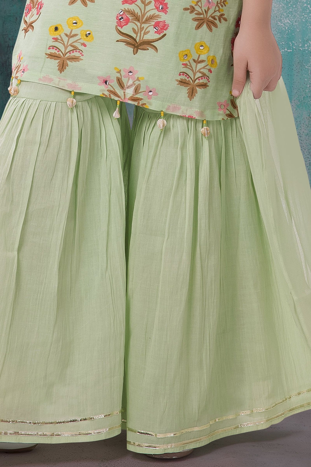 Pista Green Beads, Sequins and Zari work for Girls Sharara Suit Set