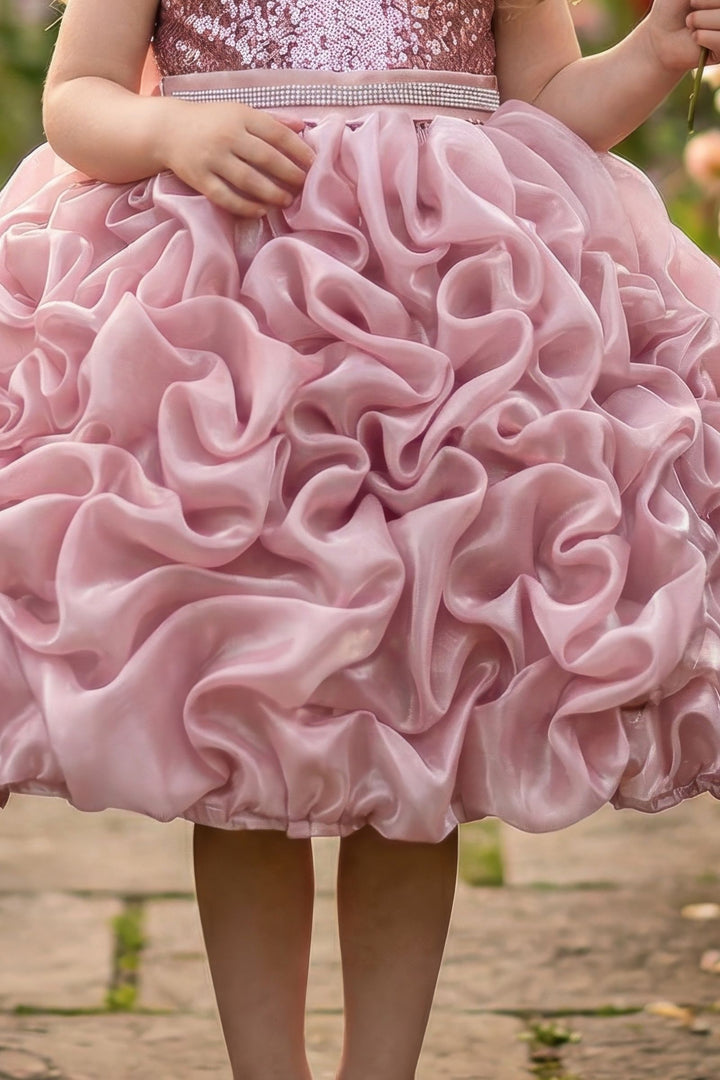 Onion Pink Sequins and Beads work Short Partywear Frock for Girls