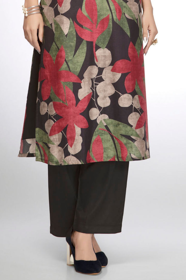 Black Floral Print V-Neck Straight Kurta Set
