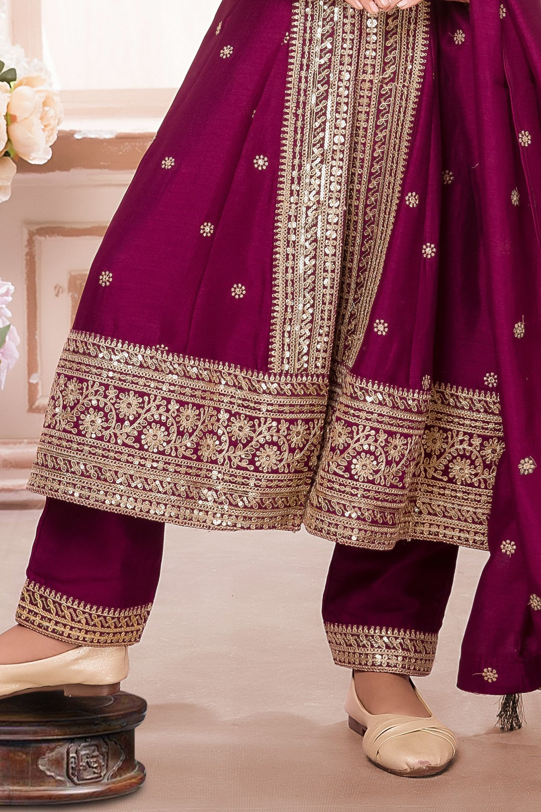 Wine Sequins and Zari work Salwar Suit for Girls