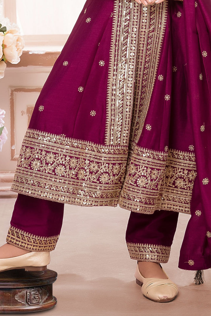 Wine Sequins and Zari work Salwar Suit for Girls