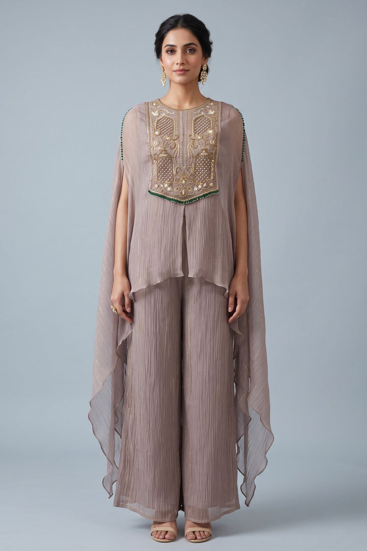 Lilac Indo-Western Styled Beads, Zardozi and Sequins work Palazzo Set