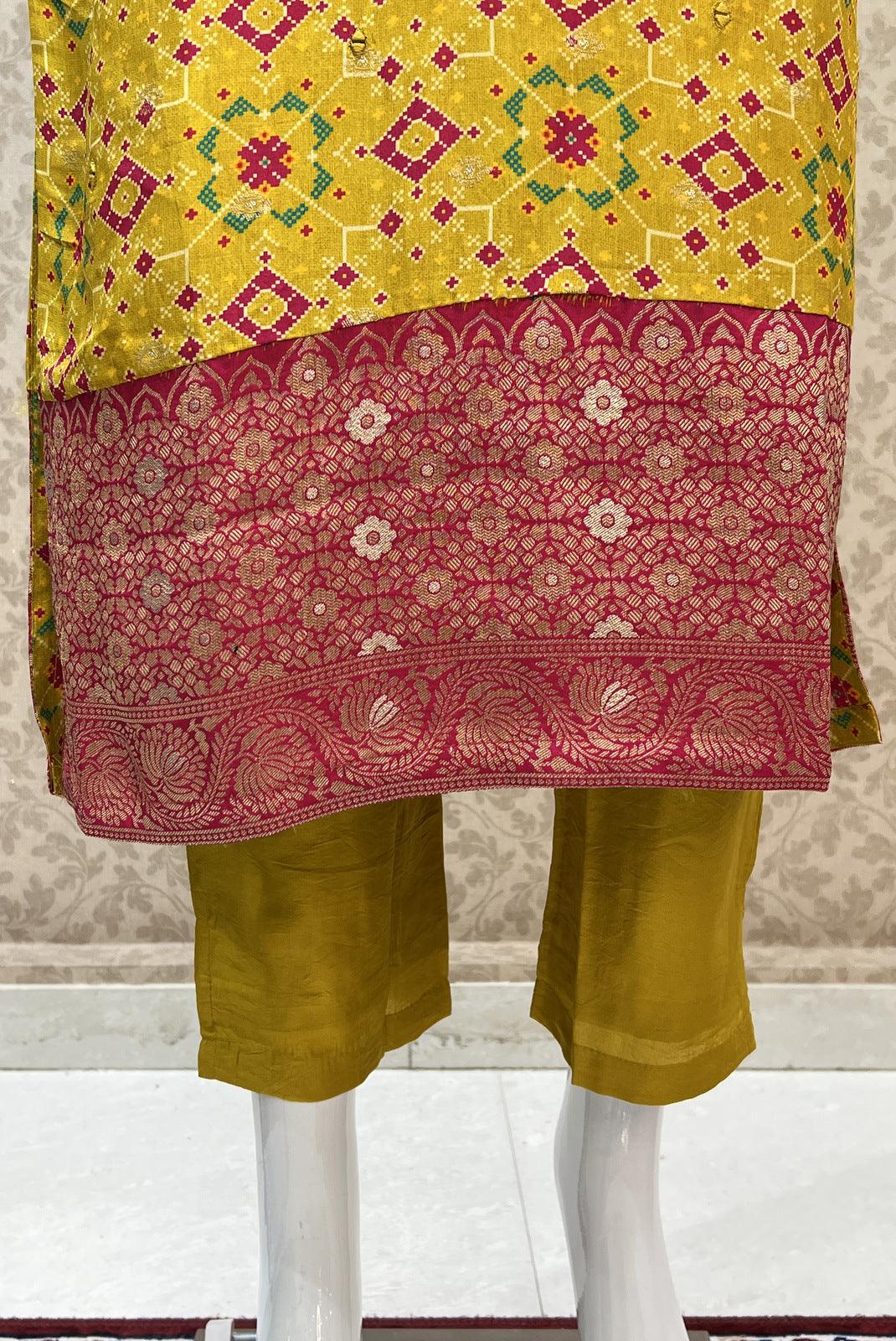 Mustard Patola Print, Banaras Butta, Mirror, Zari and Thread work Straight Cut Salwar Suit - Seasons Chennai