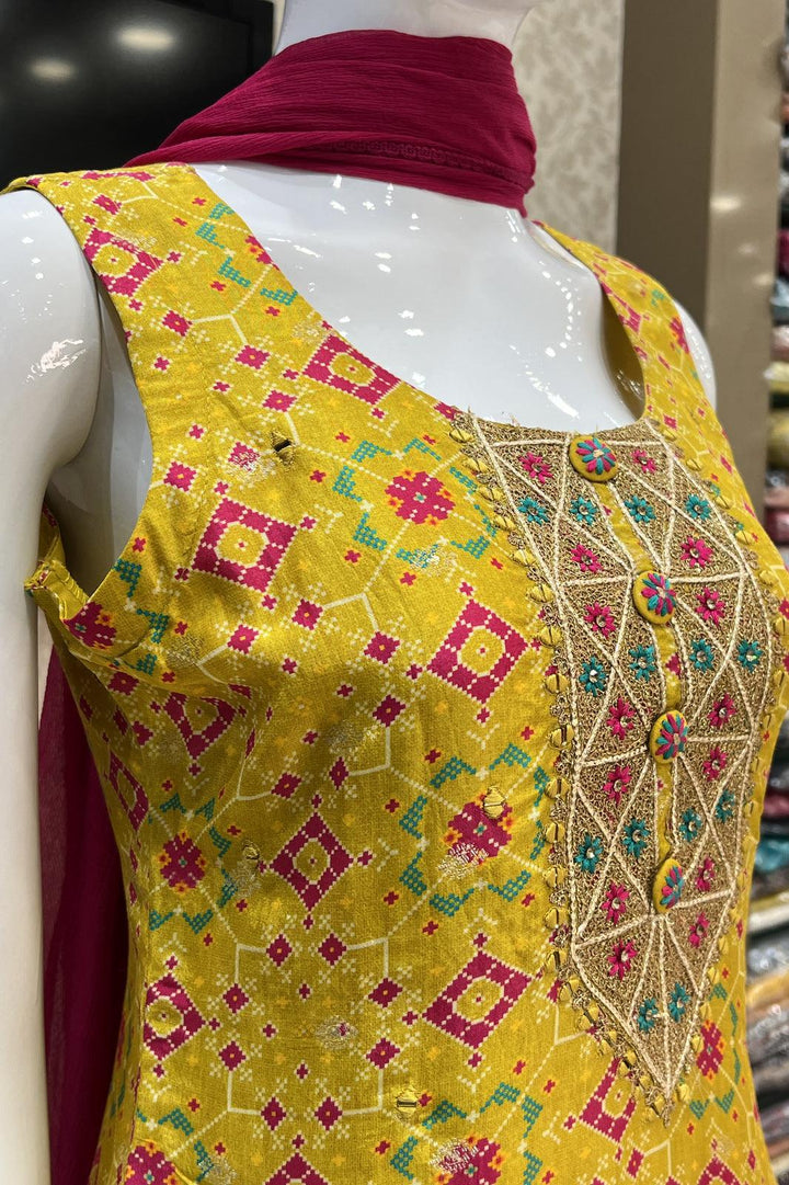 Mustard Patola Print, Banaras Butta, Mirror, Zari and Thread work Straight Cut Salwar Suit - Seasons Chennai