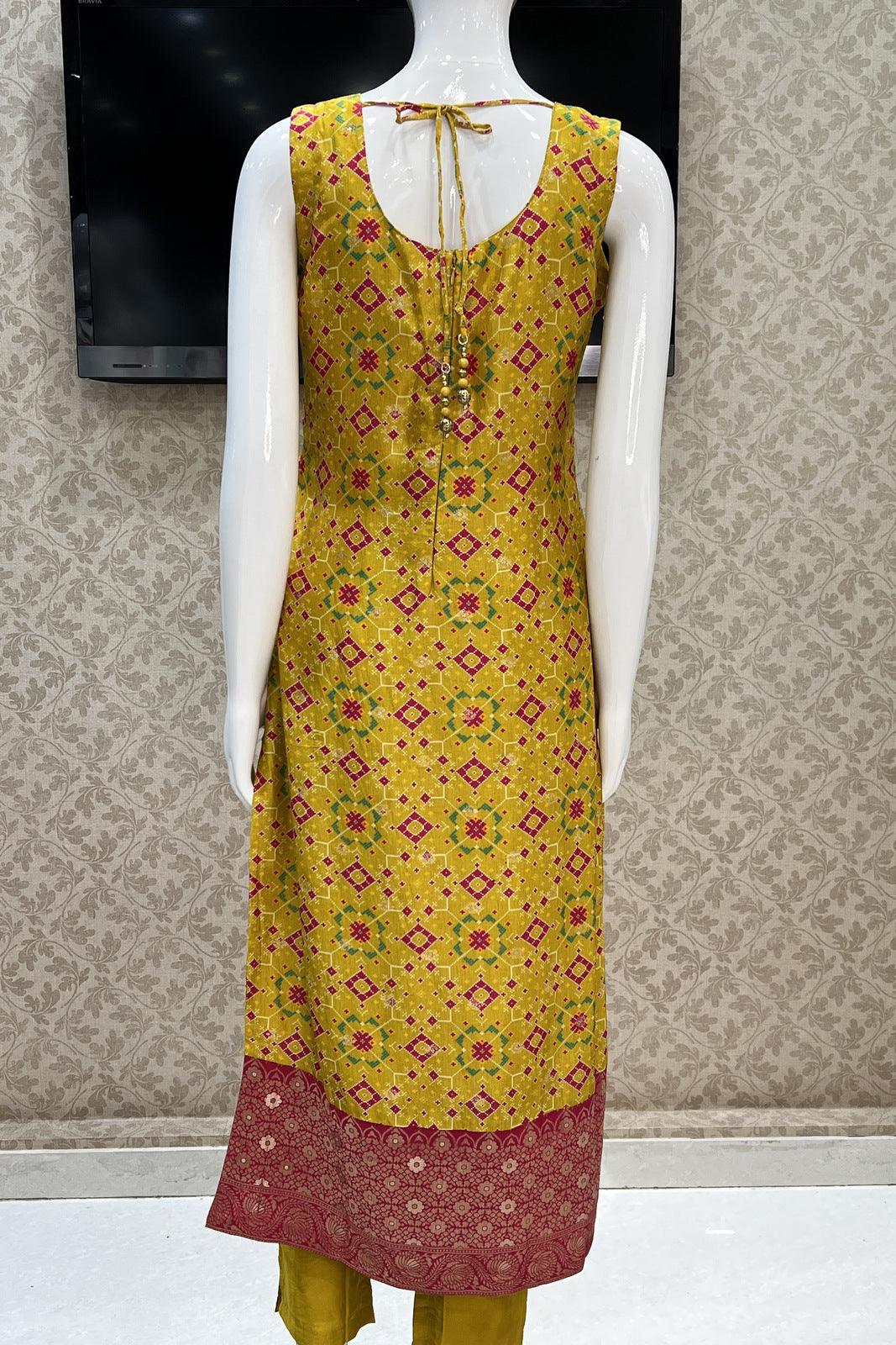 Mustard Patola Print, Banaras Butta, Mirror, Zari and Thread work Straight Cut Salwar Suit - Seasons Chennai