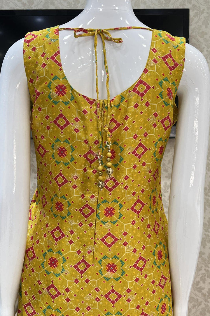 Mustard Patola Print, Banaras Butta, Mirror, Zari and Thread work Straight Cut Salwar Suit - Seasons Chennai